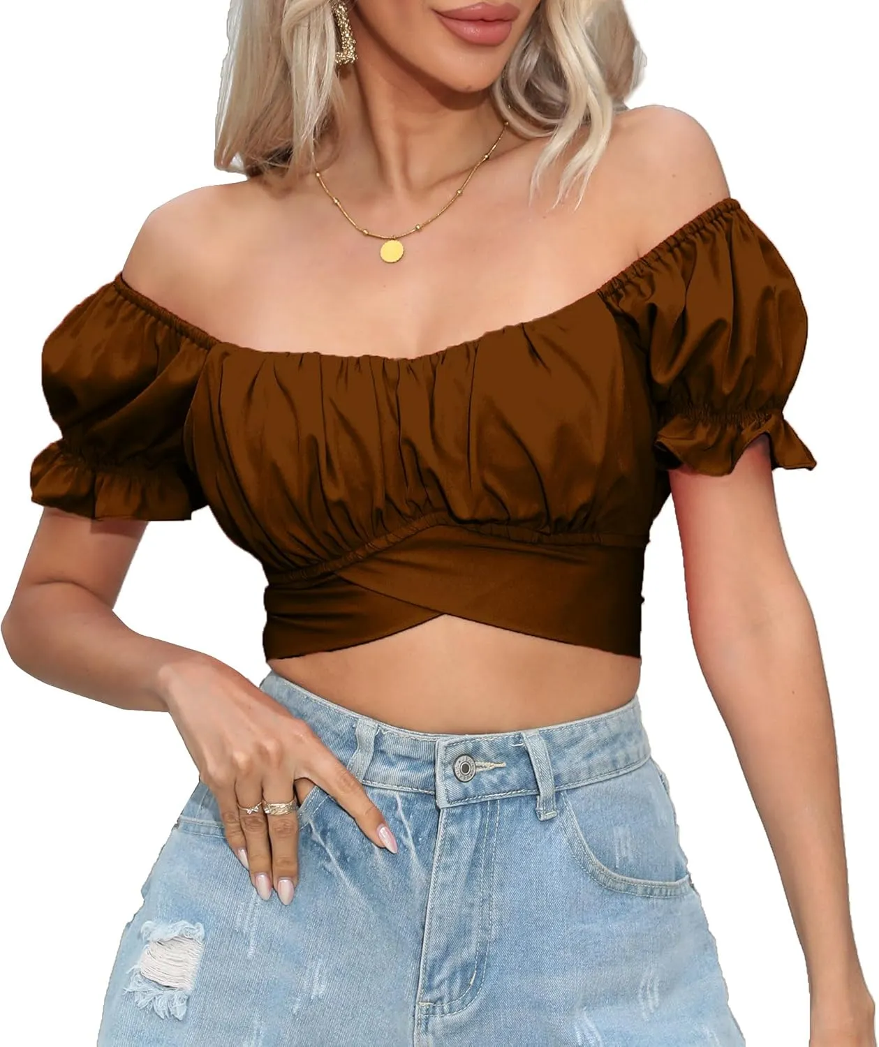 Women's Crop Tops Ruffle Short Sleeve Tie Back Summer Off Shoulder Top Blouse