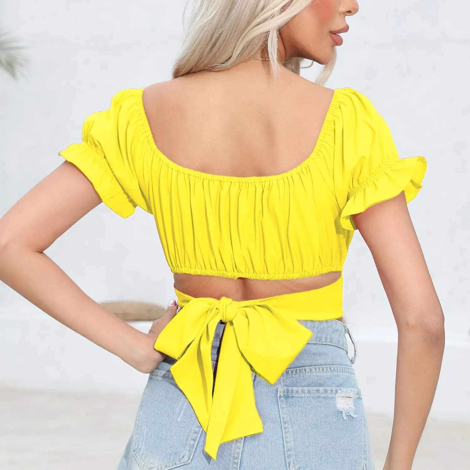 Women's Crop Tops Ruffle Short Sleeve Tie Back Summer Off Shoulder Top Blouse