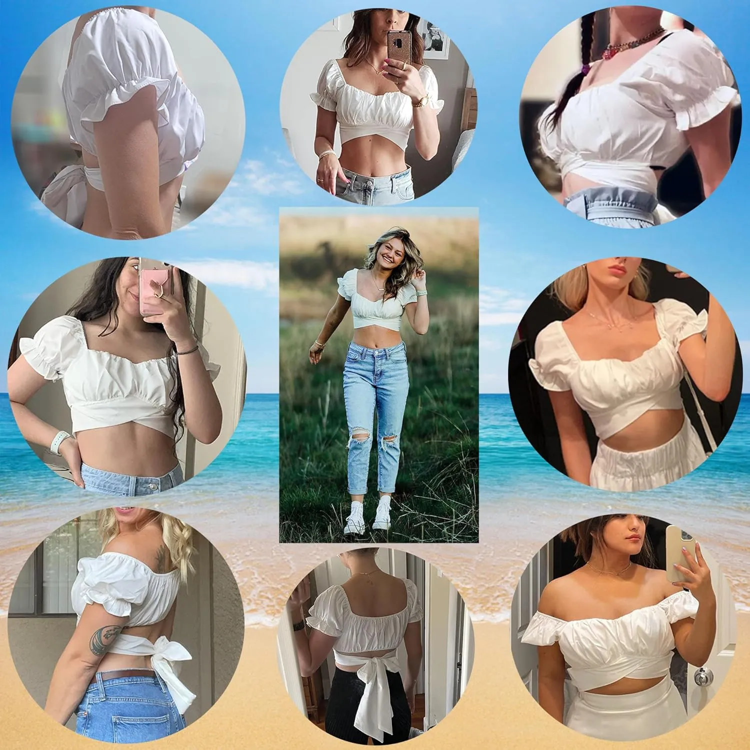 Women's Crop Tops Ruffle Short Sleeve Tie Back Summer Off Shoulder Top Blouse