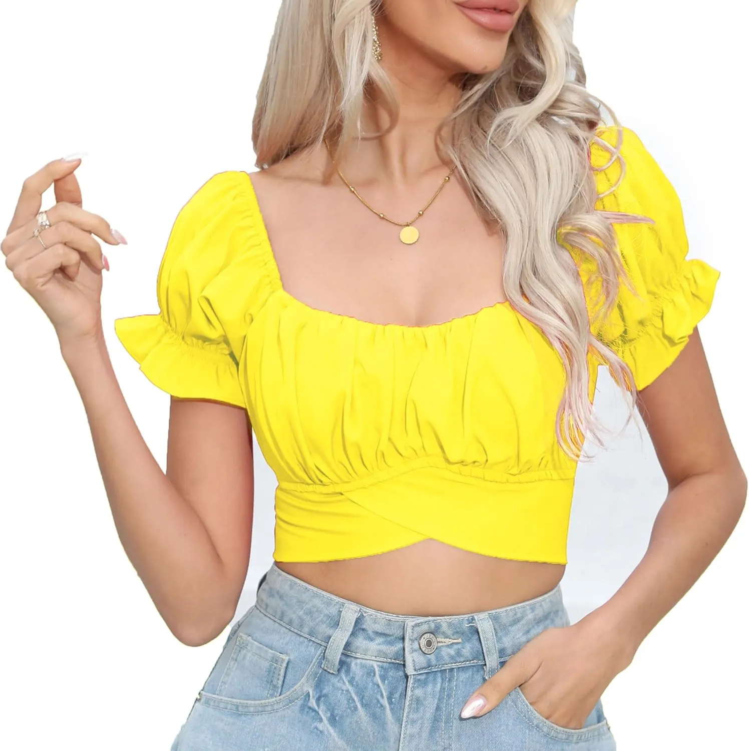Women's Crop Tops Ruffle Short Sleeve Tie Back Summer Off Shoulder Top Blouse