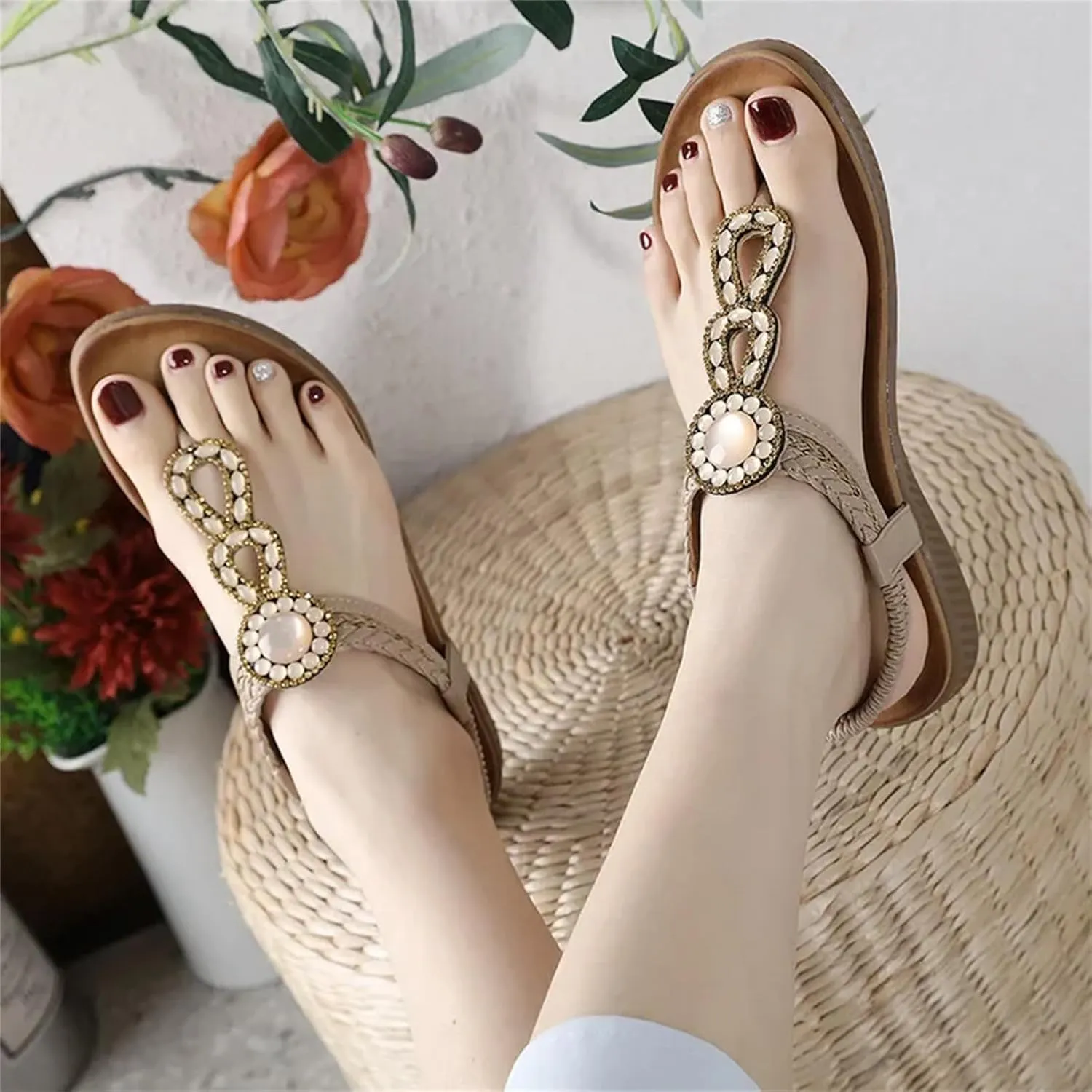 Women's Crystal Bohemian Sandals - Flat Heel Casual Summer Flip-Flops
