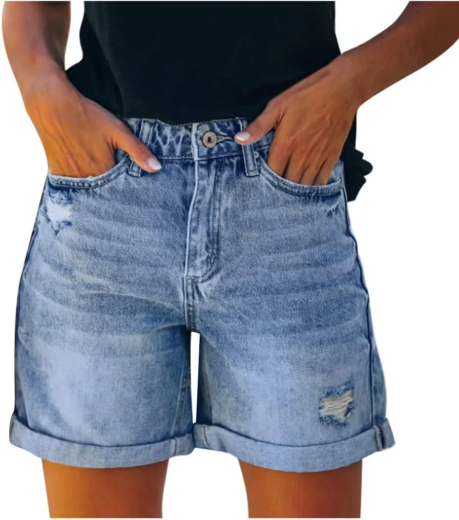 Women's Denim Cuffed Shorts Summer Fashion Casual Comfy High Waisted Stretchy Button Ripped Short Pants Jeans