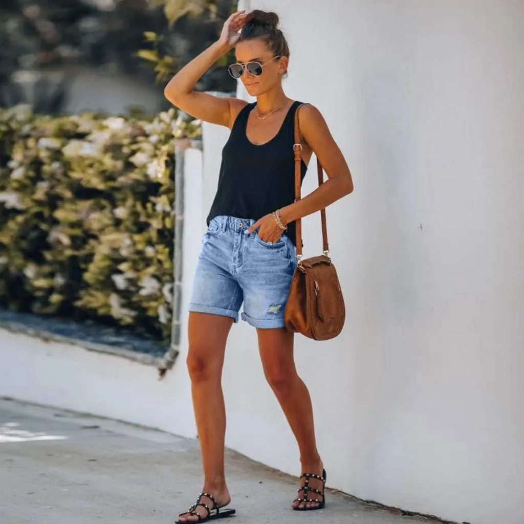 Women's Denim Cuffed Shorts Summer Fashion Casual Comfy High Waisted Stretchy Button Ripped Short Pants Jeans