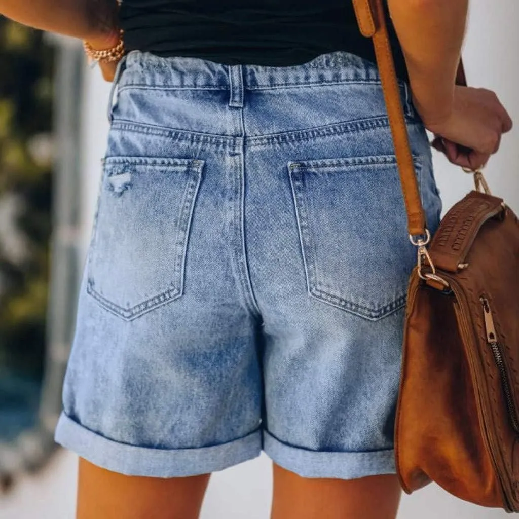 Women's Denim Cuffed Shorts Summer Fashion Casual Comfy High Waisted Stretchy Button Ripped Short Pants Jeans