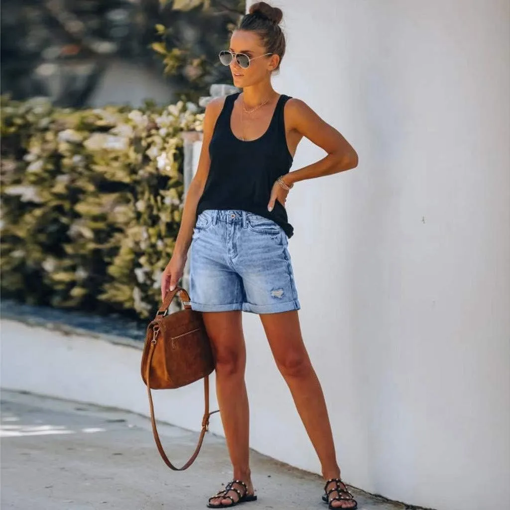 Women's Denim Cuffed Shorts Summer Fashion Casual Comfy High Waisted Stretchy Button Ripped Short Pants Jeans