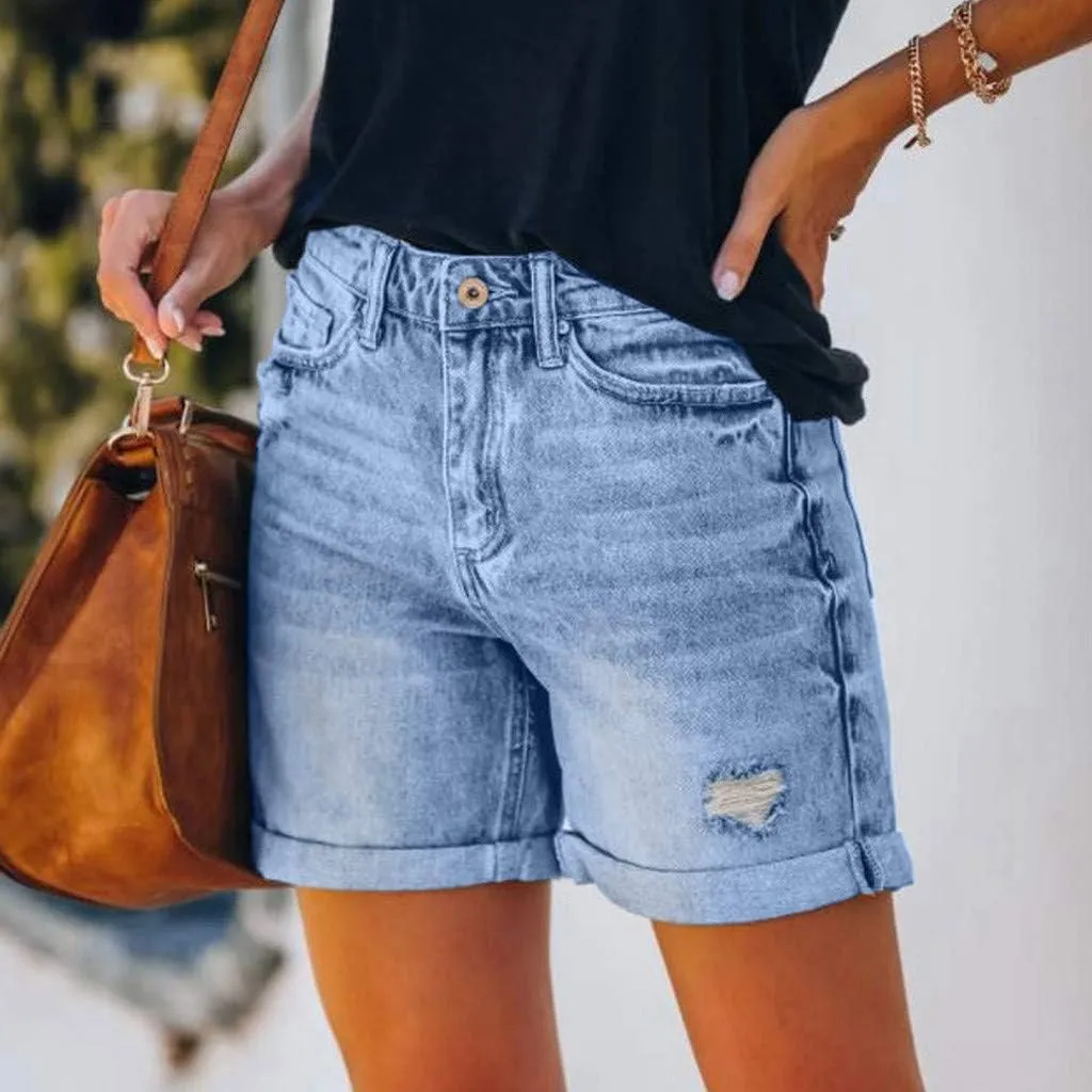 Women's Denim Cuffed Shorts Summer Fashion Casual Comfy High Waisted Stretchy Button Ripped Short Pants Jeans
