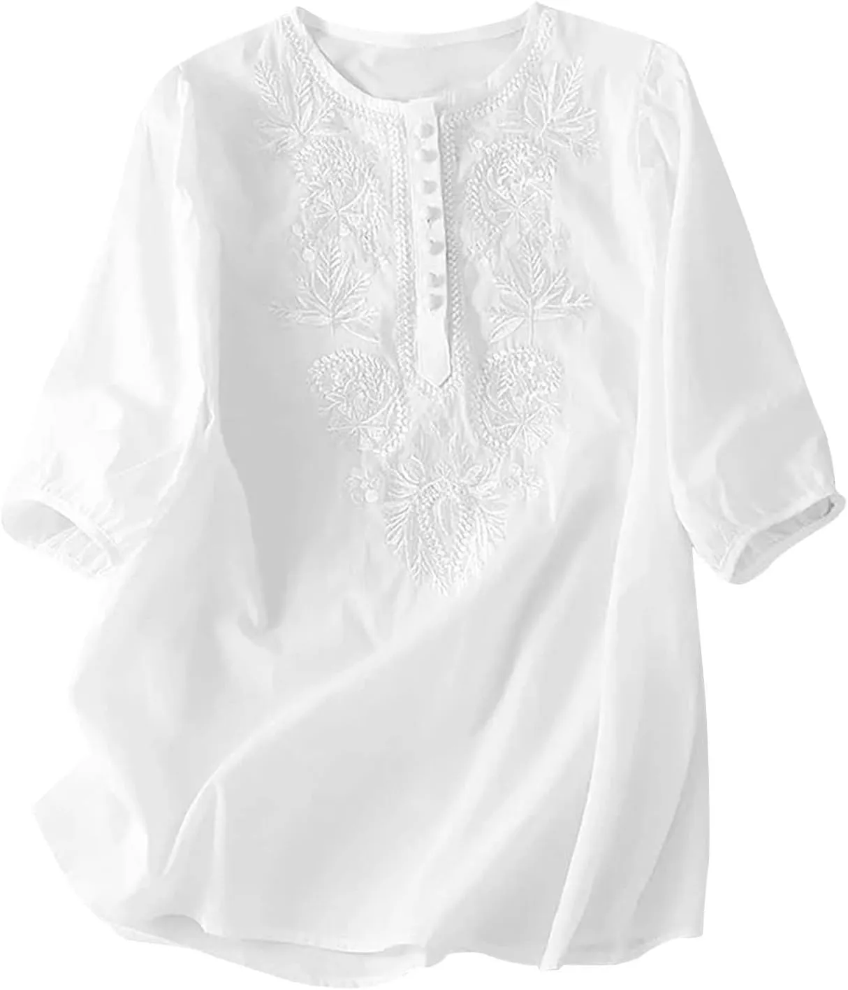 Women's Embroidered Blouse Cotton Linen Puff Short Sleeve Crew Neck Peasant Boho Top Casual Loose Button-Down T Shirts