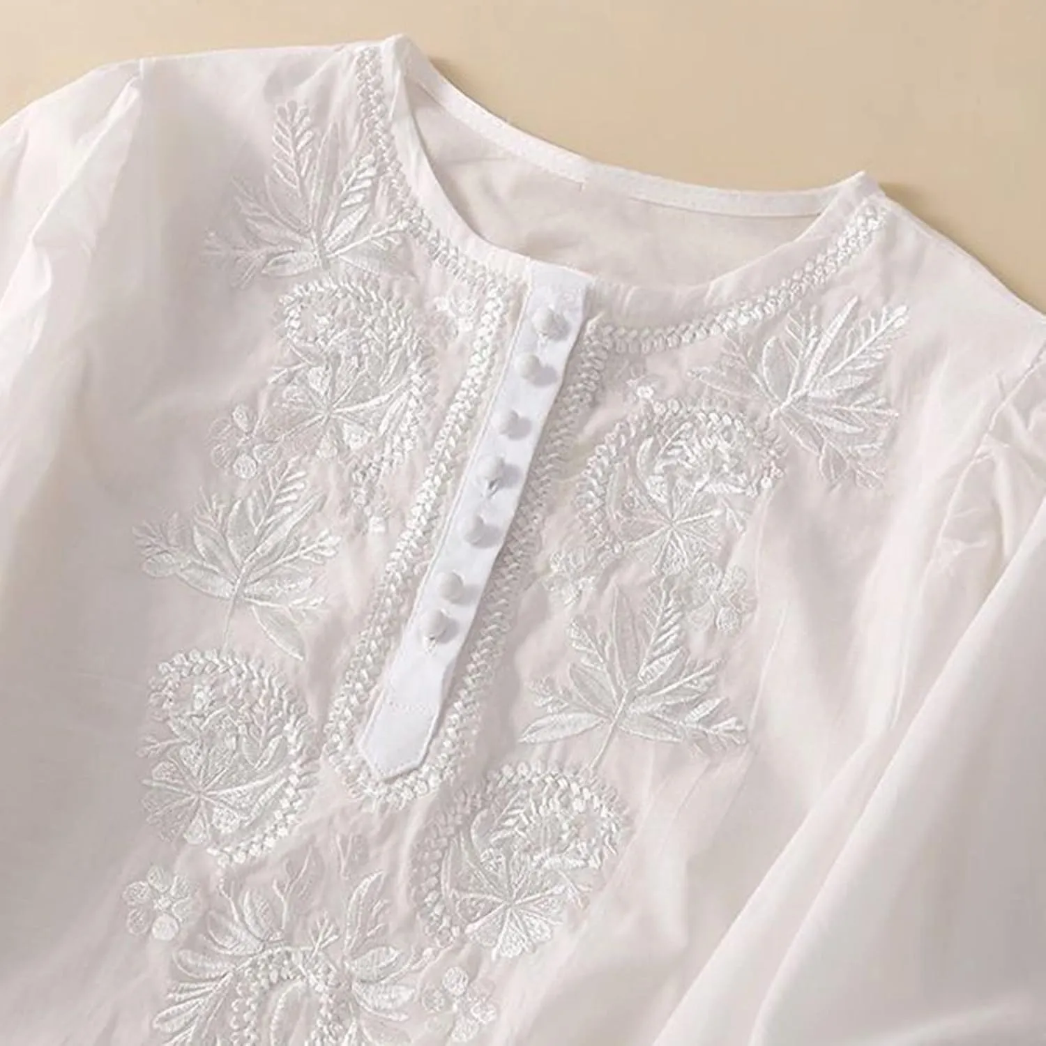 Women's Embroidered Blouse Cotton Linen Puff Short Sleeve Crew Neck Peasant Boho Top Casual Loose Button-Down T Shirts