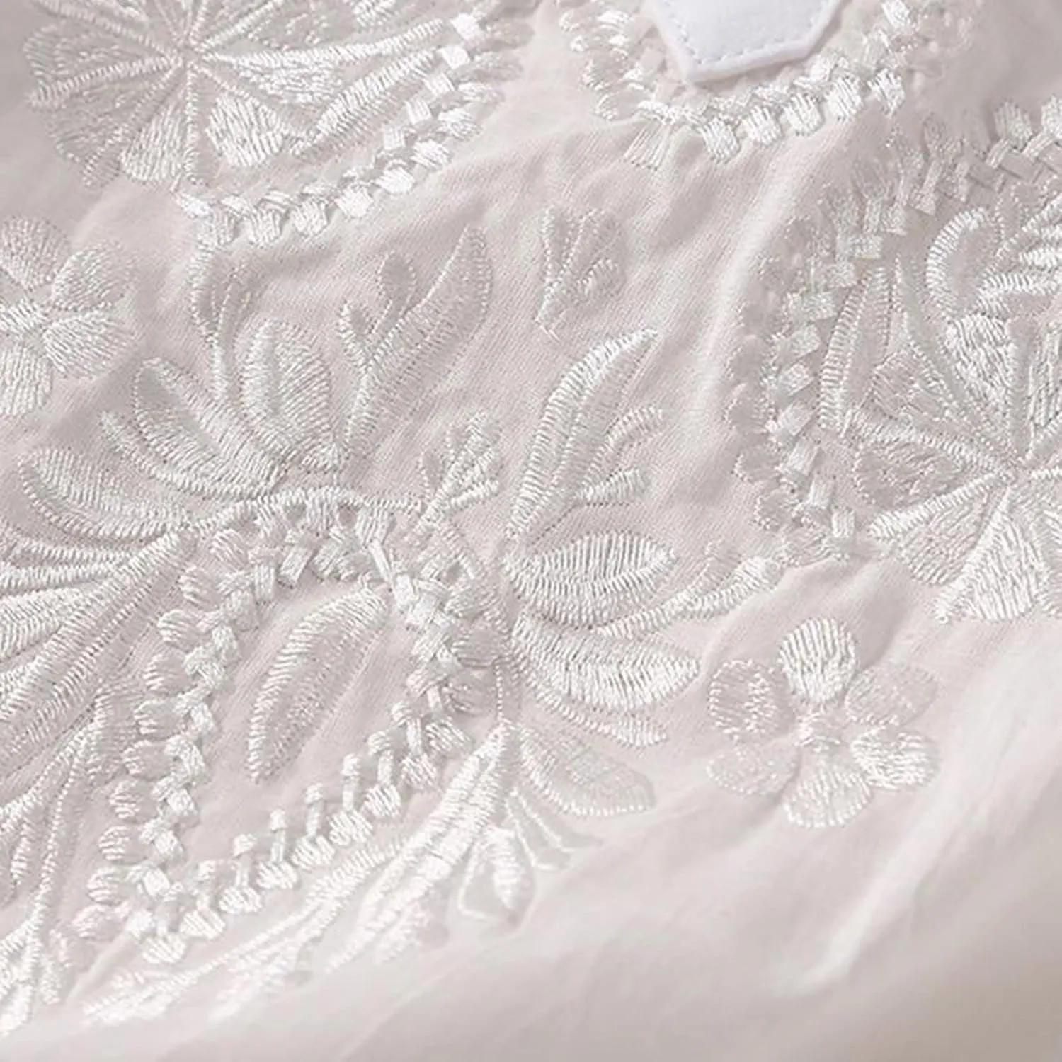 Women's Embroidered Blouse Cotton Linen Puff Short Sleeve Crew Neck Peasant Boho Top Casual Loose Button-Down T Shirts