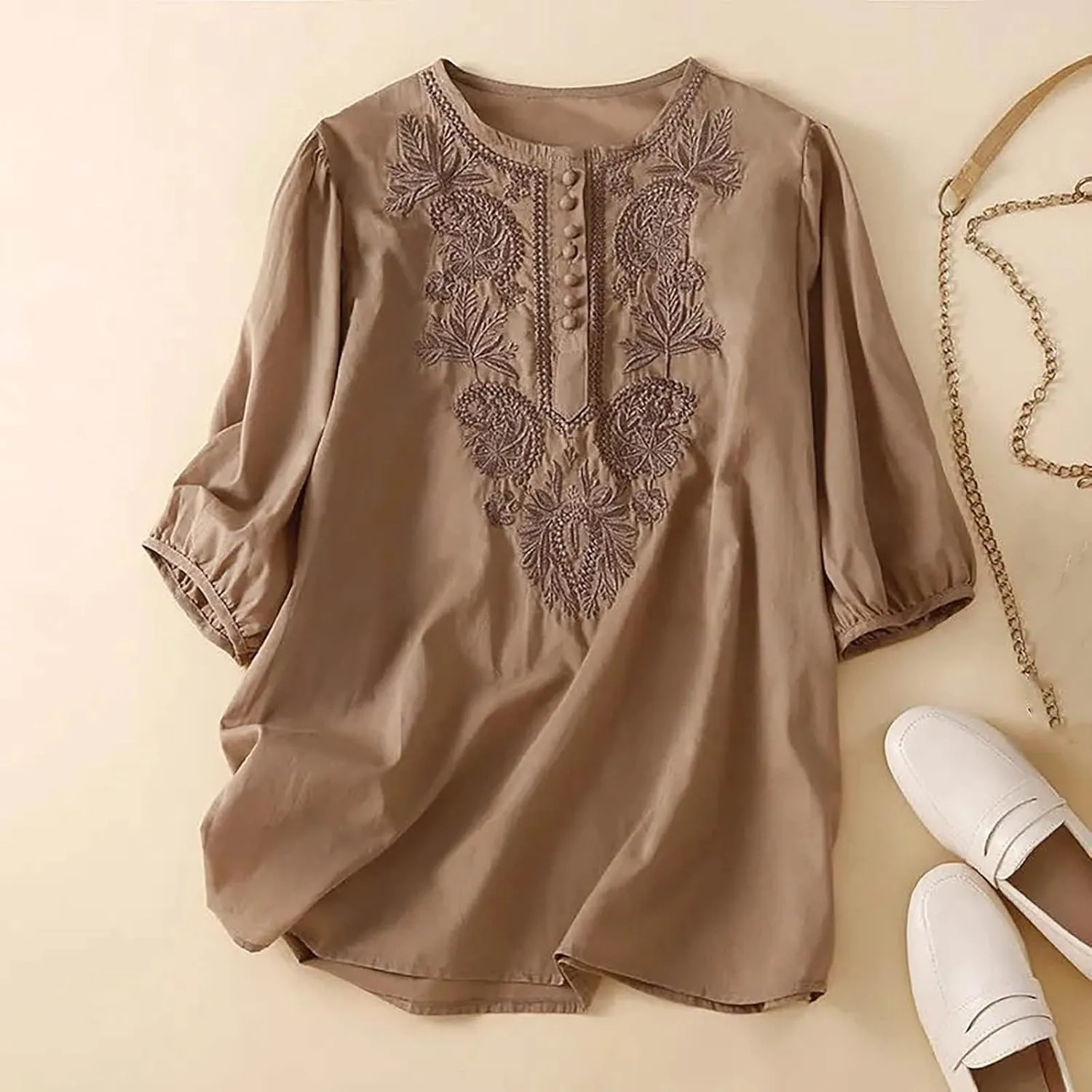 Women's Embroidered Blouse Cotton Linen Puff Short Sleeve Crew Neck Peasant Boho Top Casual Loose Button-Down T Shirts