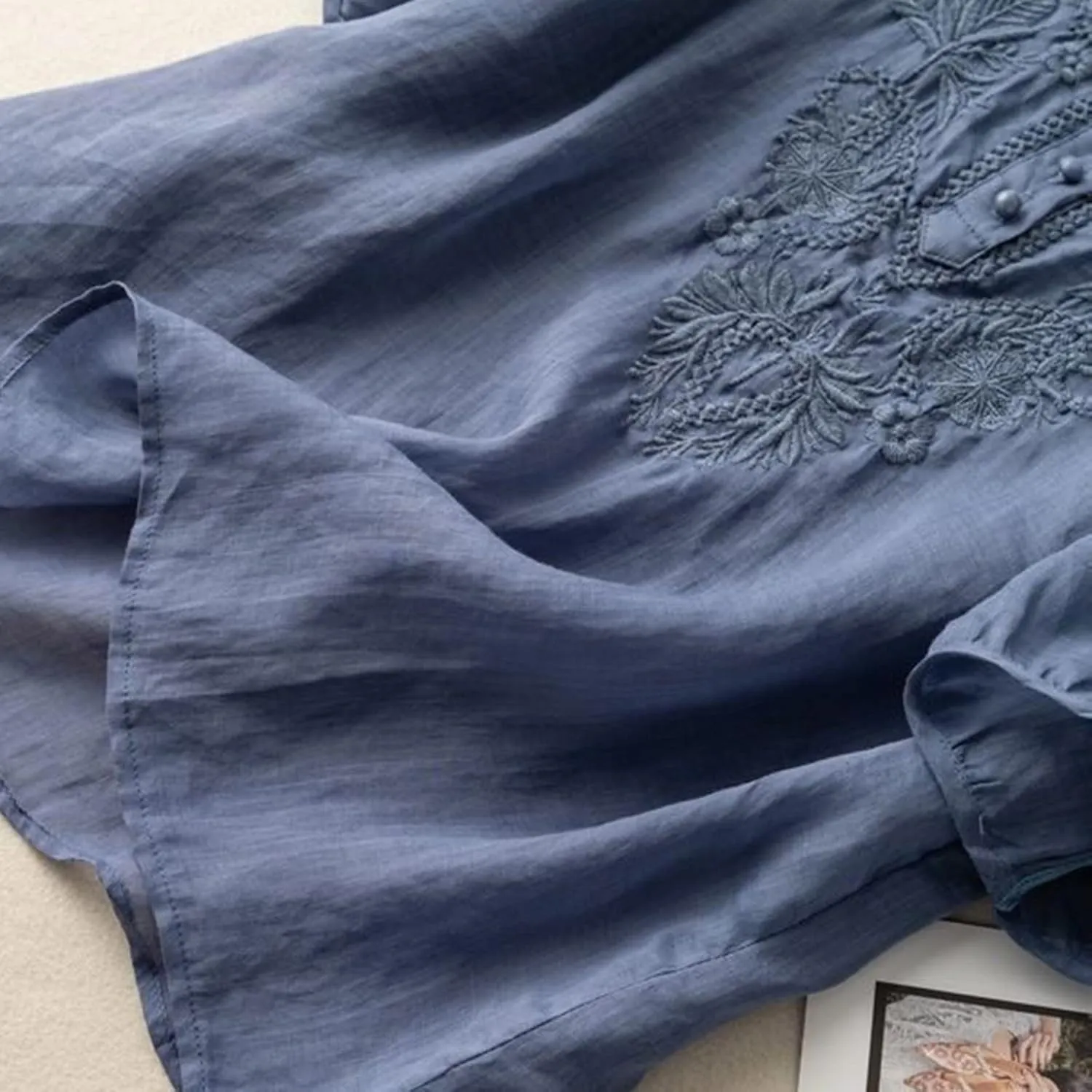 Women's Embroidered Blouse Cotton Linen Puff Short Sleeve Crew Neck Peasant Boho Top Casual Loose Button-Down T Shirts