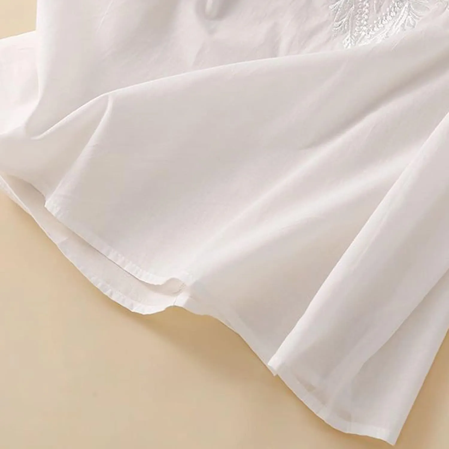 Women's Embroidered Blouse Cotton Linen Puff Short Sleeve Crew Neck Peasant Boho Top Casual Loose Button-Down T Shirts