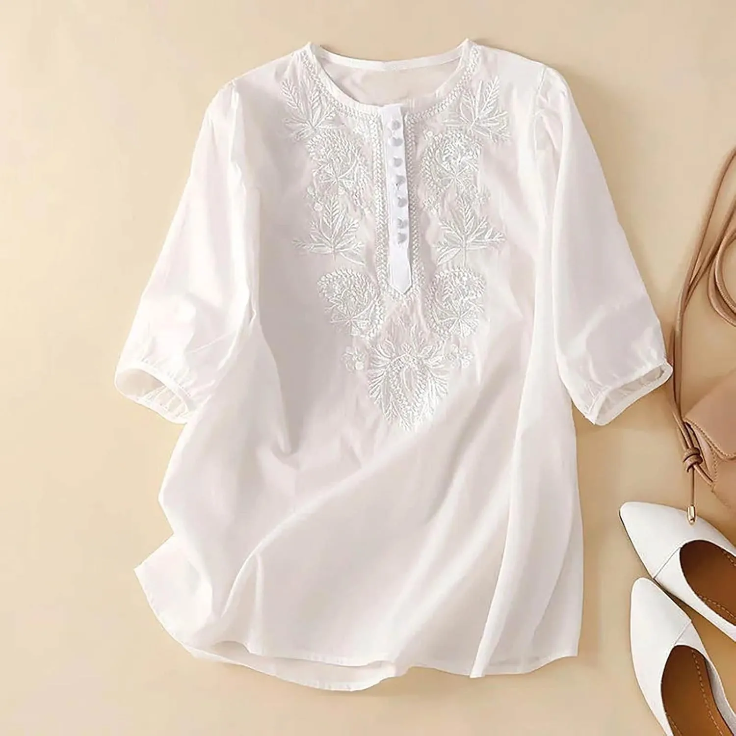 Women's Embroidered Blouse Cotton Linen Puff Short Sleeve Crew Neck Peasant Boho Top Casual Loose Button-Down T Shirts