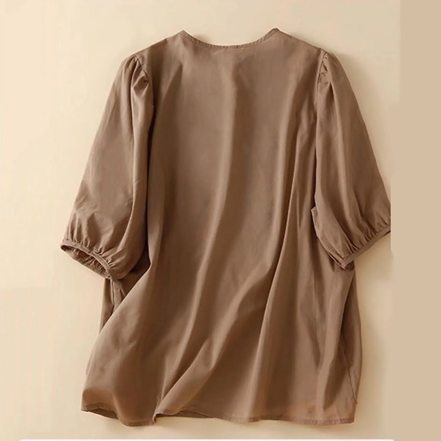 Women's Embroidered Blouse Cotton Linen Puff Short Sleeve Crew Neck Peasant Boho Top Casual Loose Button-Down T Shirts
