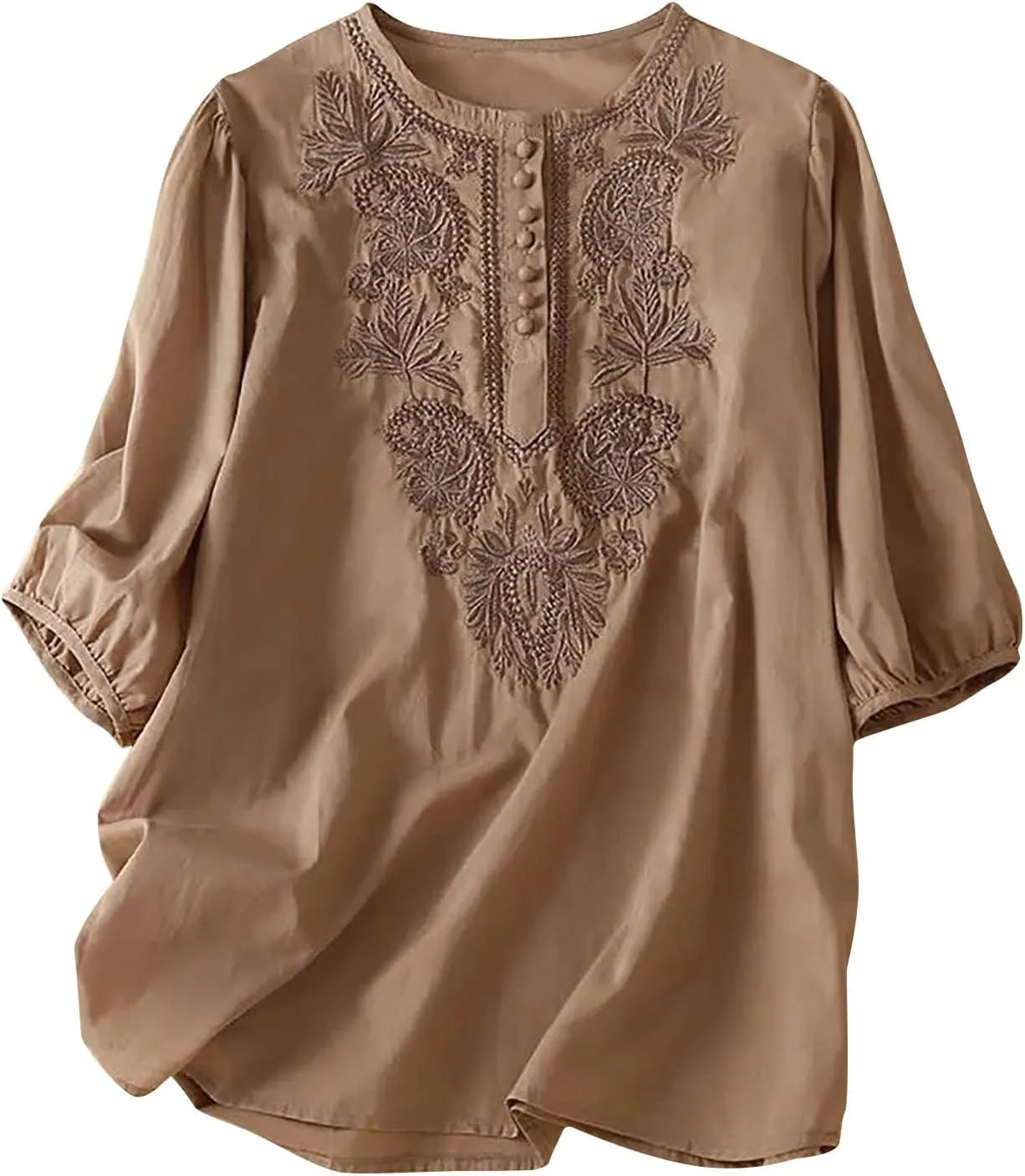 Women's Embroidered Blouse Cotton Linen Puff Short Sleeve Crew Neck Peasant Boho Top Casual Loose Button-Down T Shirts