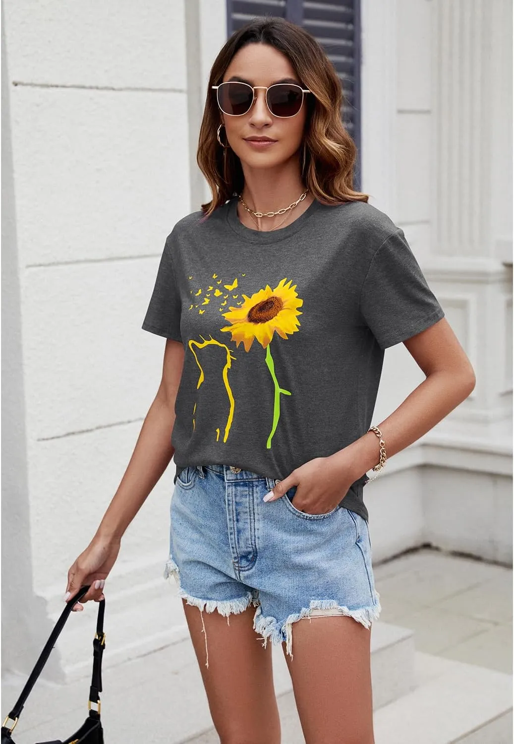 Womens Fall Crewneck Sunflower Graphic Print Tops Long Sleeve Cute Casual Tees