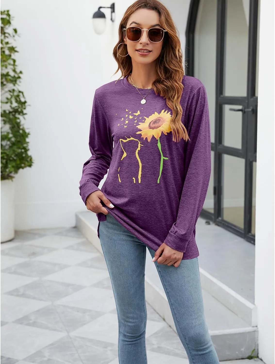 Womens Fall Crewneck Sunflower Graphic Print Tops Long Sleeve Cute Casual Tees