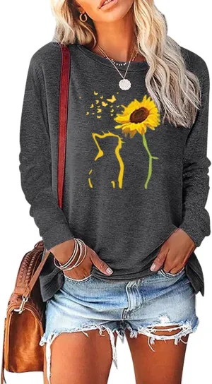 Womens Fall Crewneck Sunflower Graphic Print Tops Long Sleeve Cute Casual Tees