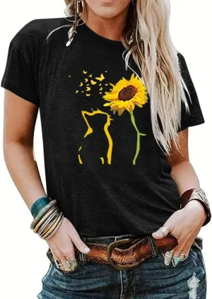 Womens Fall Crewneck Sunflower Graphic Print Tops Long Sleeve Cute Casual Tees