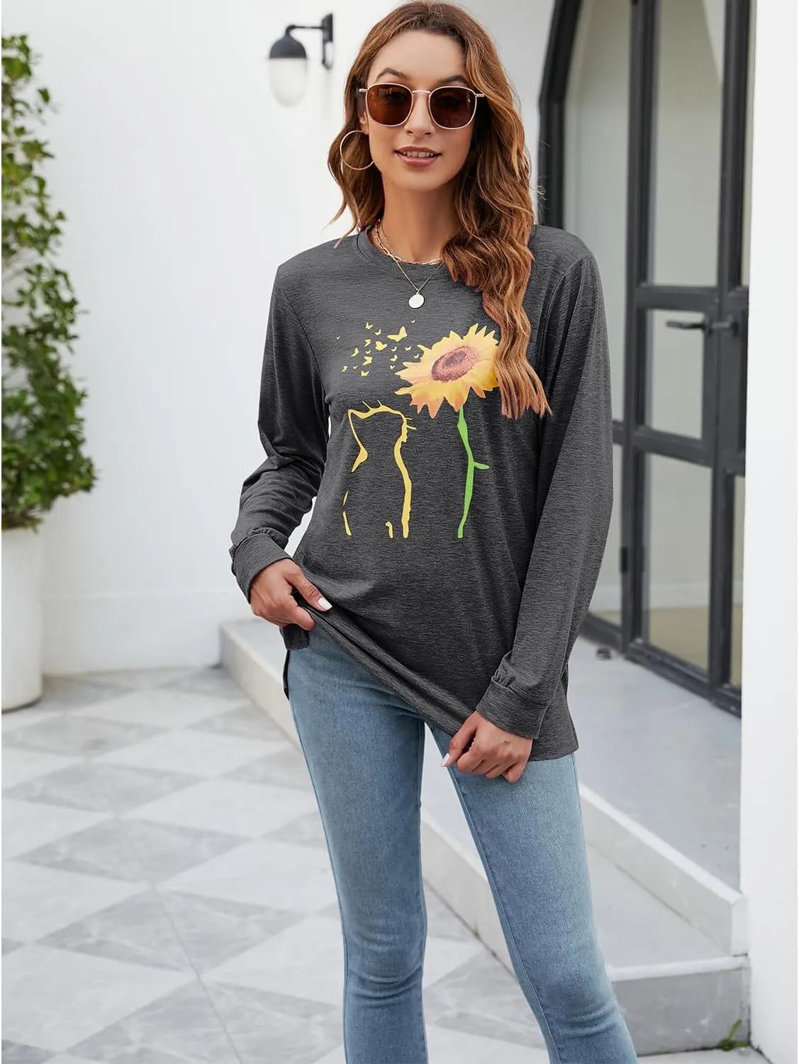 Womens Fall Crewneck Sunflower Graphic Print Tops Long Sleeve Cute Casual Tees