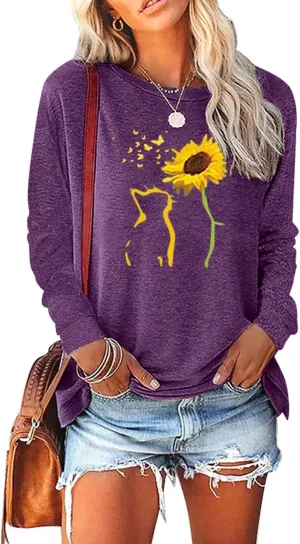Womens Fall Crewneck Sunflower Graphic Print Tops Long Sleeve Cute Casual Tees
