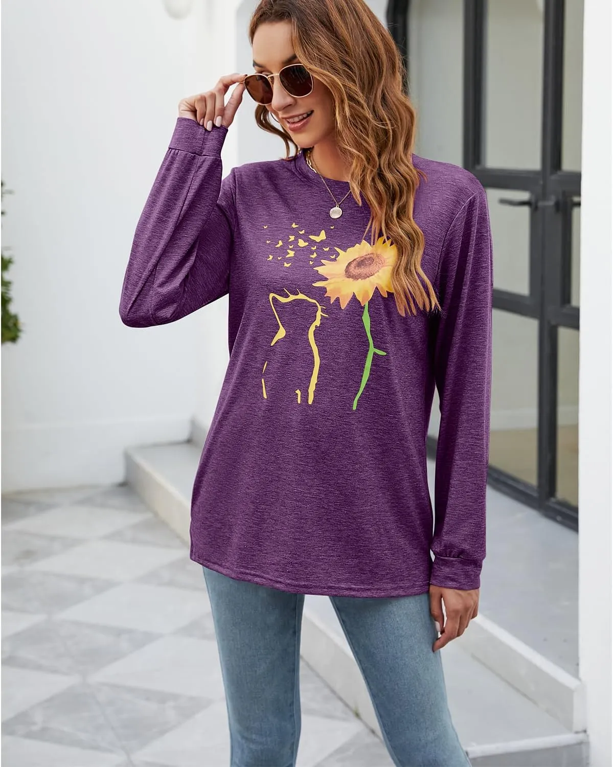 Womens Fall Crewneck Sunflower Graphic Print Tops Long Sleeve Cute Casual Tees