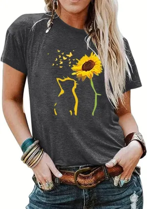 Womens Fall Crewneck Sunflower Graphic Print Tops Long Sleeve Cute Casual Tees