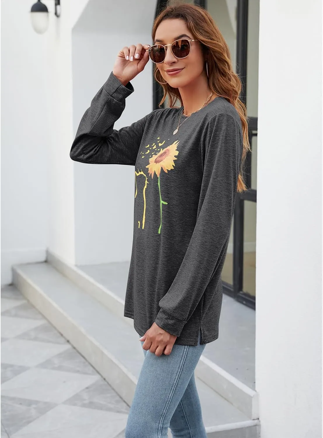 Womens Fall Crewneck Sunflower Graphic Print Tops Long Sleeve Cute Casual Tees