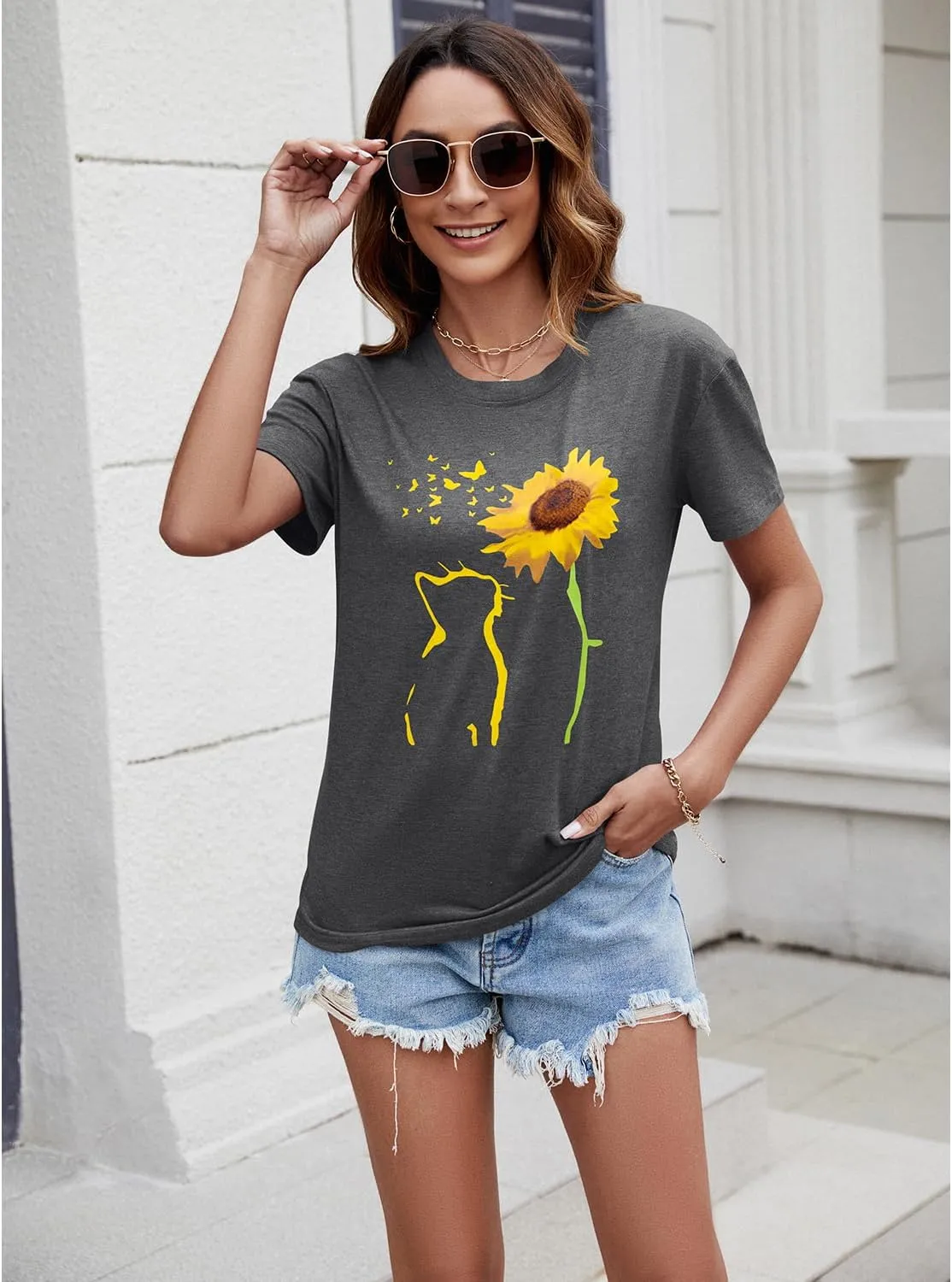 Womens Fall Crewneck Sunflower Graphic Print Tops Long Sleeve Cute Casual Tees