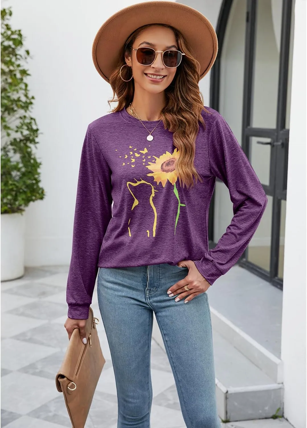 Womens Fall Crewneck Sunflower Graphic Print Tops Long Sleeve Cute Casual Tees