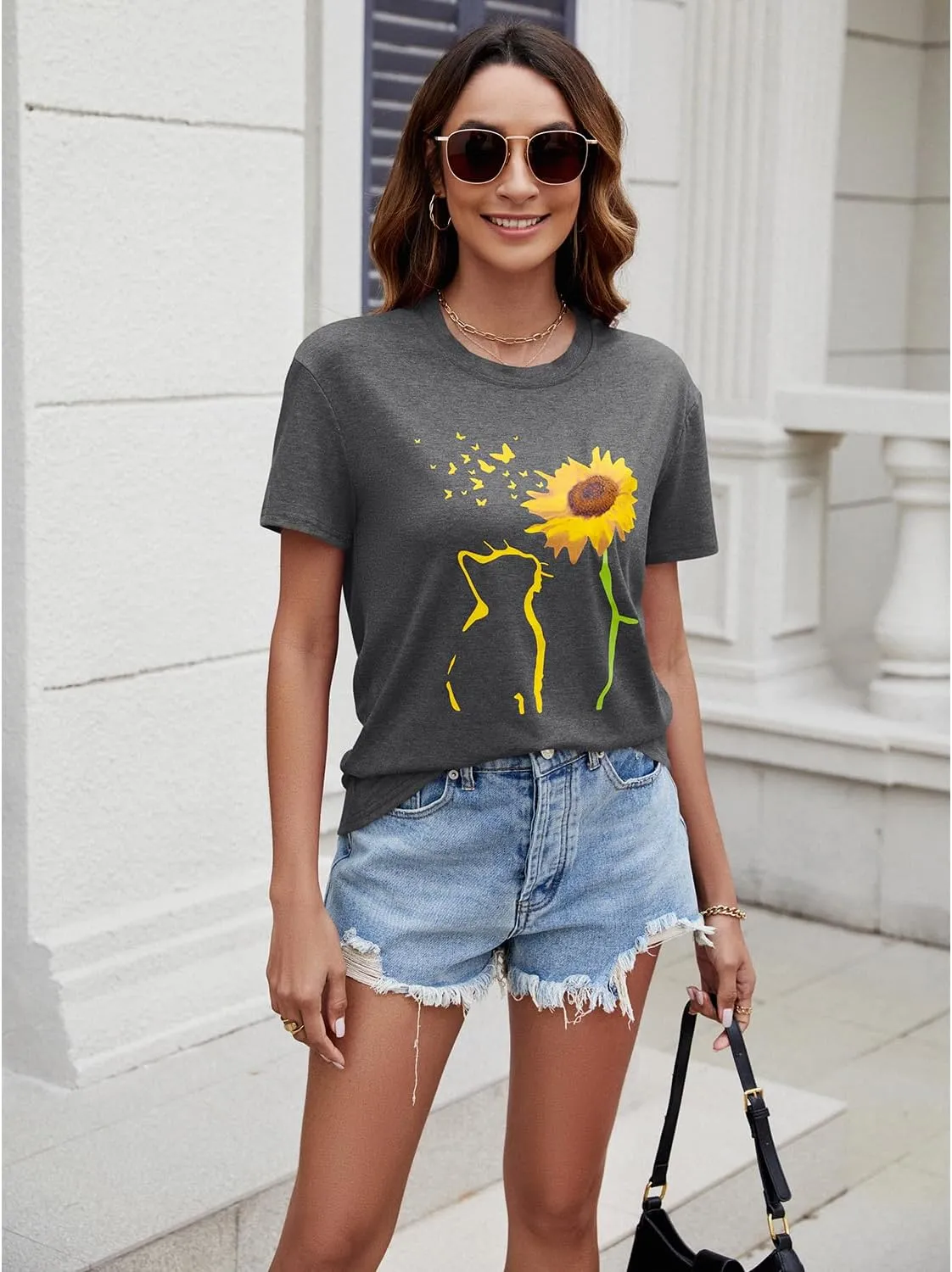 Womens Fall Crewneck Sunflower Graphic Print Tops Long Sleeve Cute Casual Tees