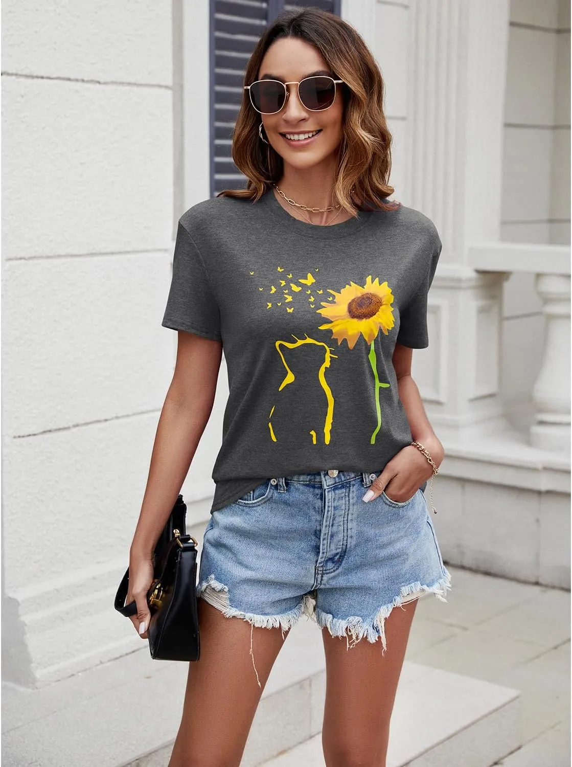 Womens Fall Crewneck Sunflower Graphic Print Tops Long Sleeve Cute Casual Tees