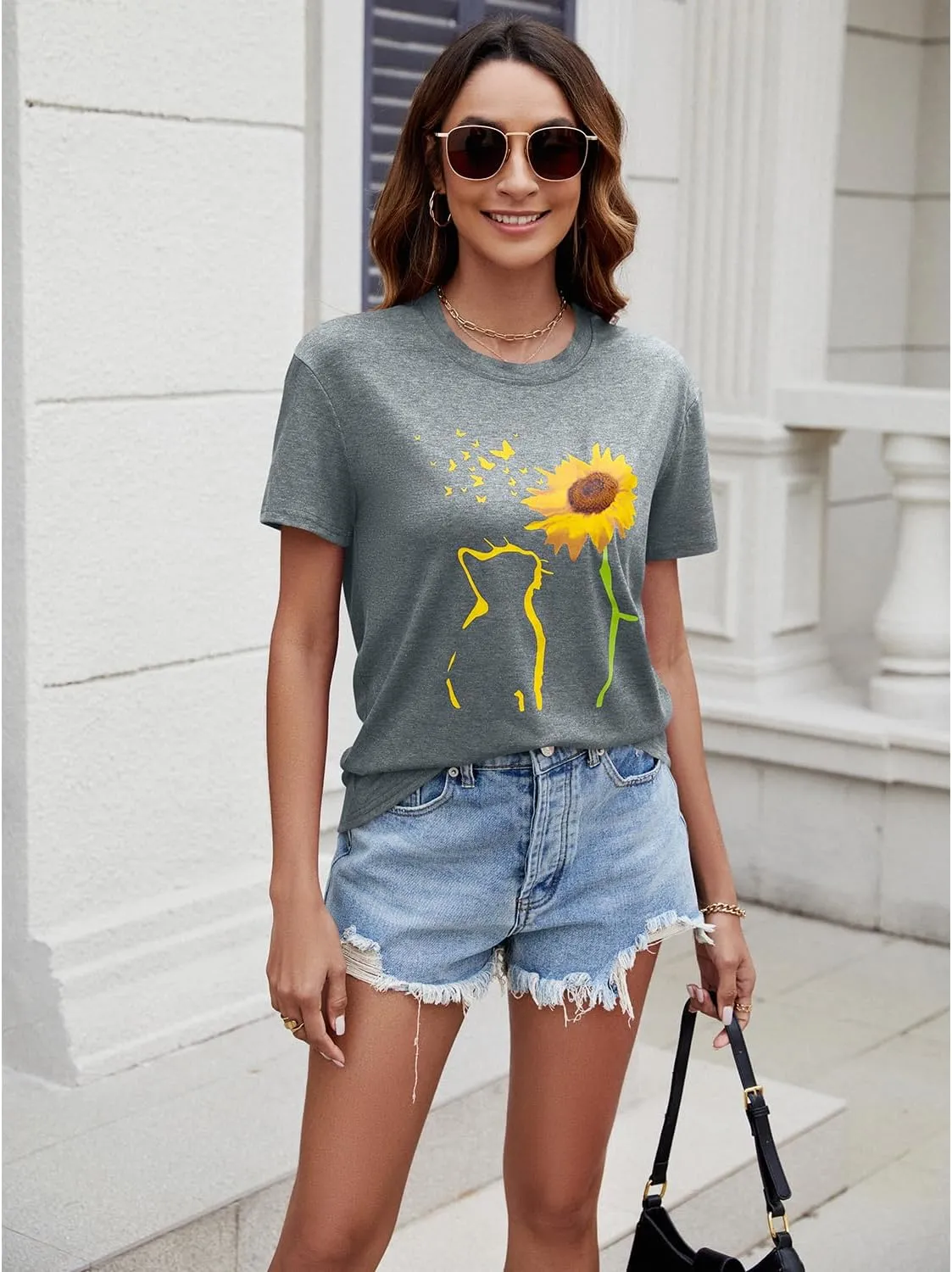 Womens Fall Crewneck Sunflower Graphic Print Tops Long Sleeve Cute Casual Tees