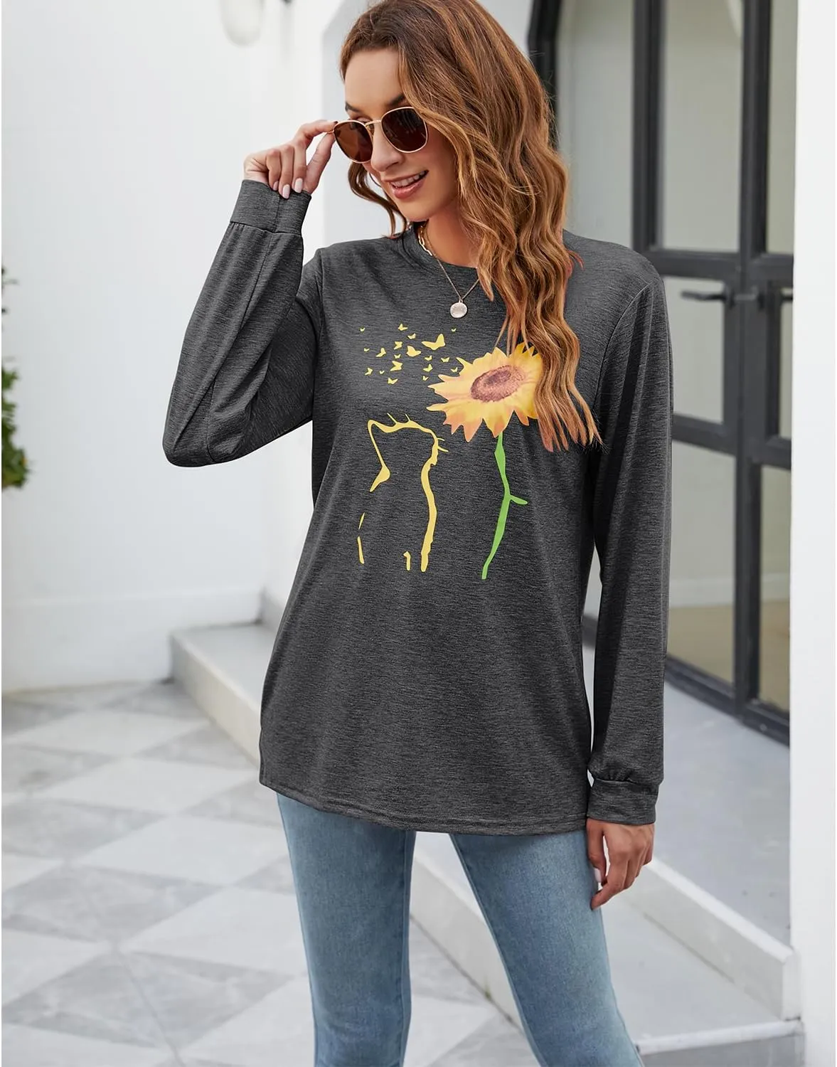Womens Fall Crewneck Sunflower Graphic Print Tops Long Sleeve Cute Casual Tees