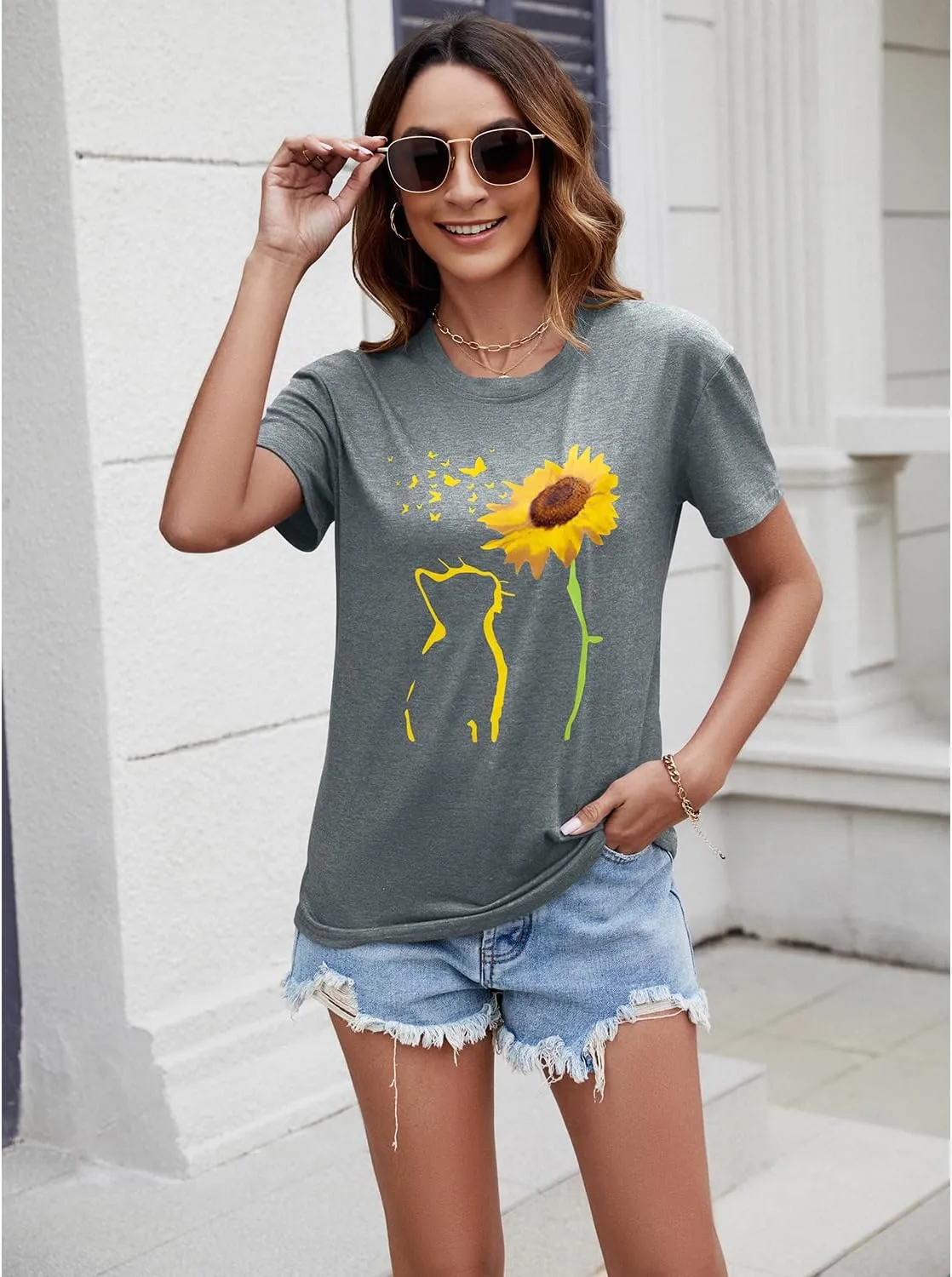 Womens Fall Crewneck Sunflower Graphic Print Tops Long Sleeve Cute Casual Tees