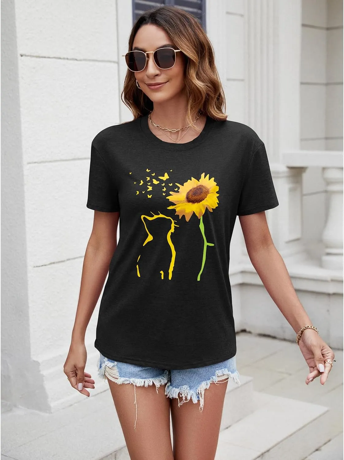 Womens Fall Crewneck Sunflower Graphic Print Tops Long Sleeve Cute Casual Tees