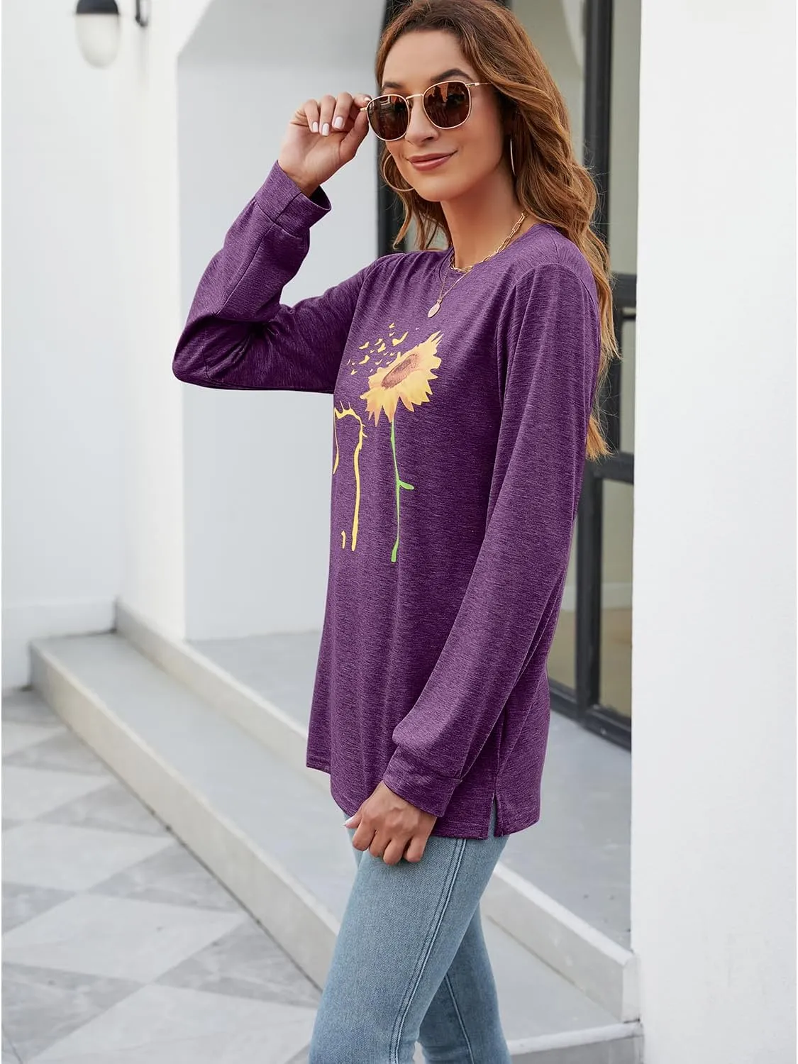 Womens Fall Crewneck Sunflower Graphic Print Tops Long Sleeve Cute Casual Tees