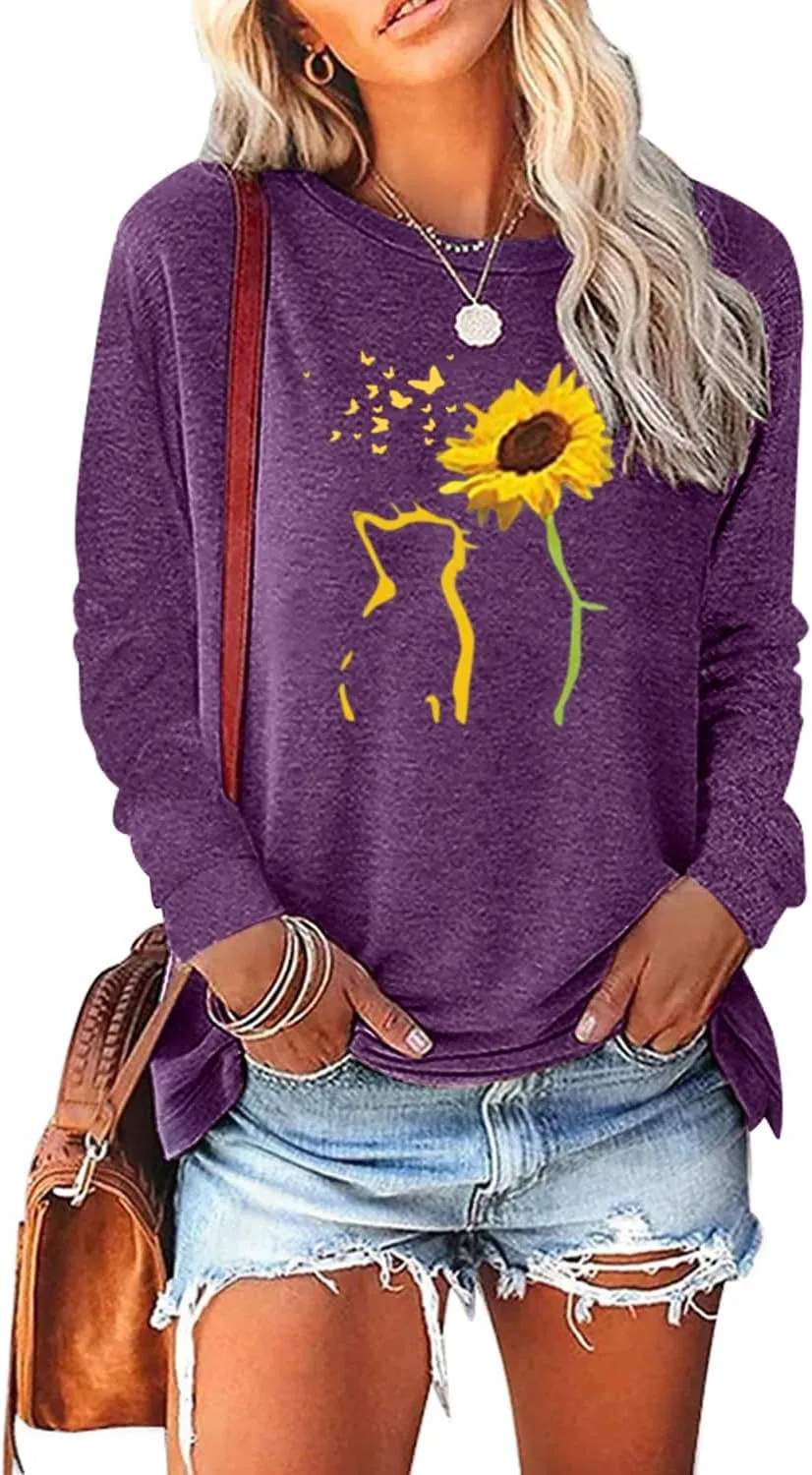 Womens Fall Crewneck Sunflower Graphic Print Tops Long Sleeve Cute Casual Tees