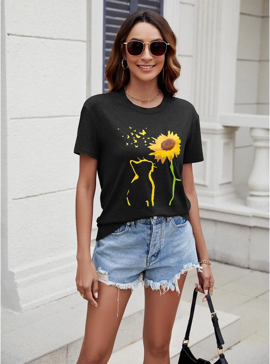 Womens Fall Crewneck Sunflower Graphic Print Tops Long Sleeve Cute Casual Tees