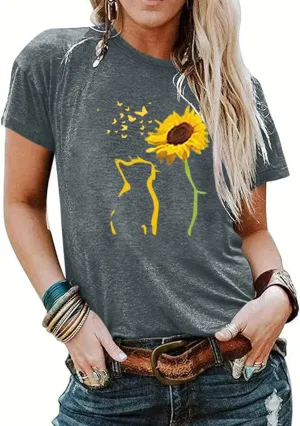 Womens Fall Crewneck Sunflower Graphic Print Tops Long Sleeve Cute Casual Tees