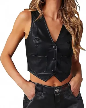 Women's Faux Leather Crop Vest Sexy V Neck Button Up Sleeveless Tops Waistcoat