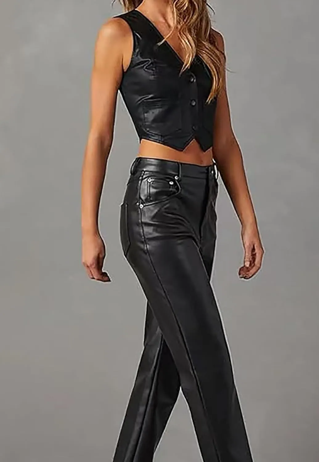 Women's Faux Leather Crop Vest Sexy V Neck Button Up Sleeveless Tops Waistcoat