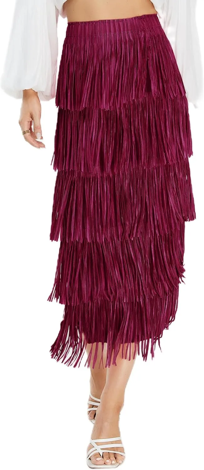 Women's Fringe Trim High Waist Short Pencil Bodycon Skirts, Sexy Elegant Fringe Long Maxi Skirt Summer Party Work