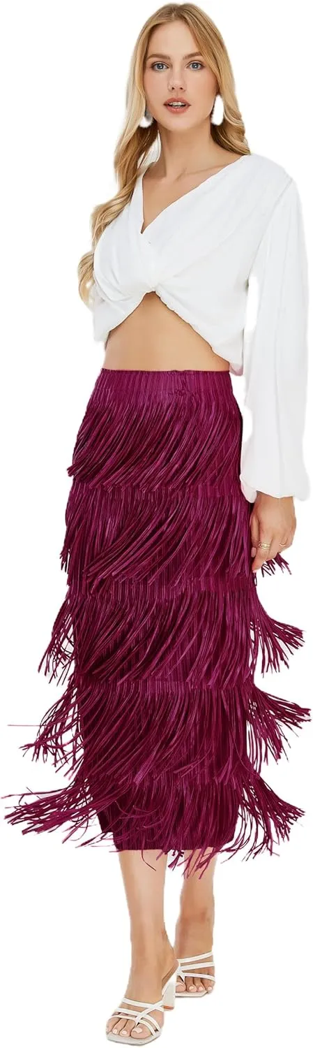 Women's Fringe Trim High Waist Short Pencil Bodycon Skirts, Sexy Elegant Fringe Long Maxi Skirt Summer Party Work