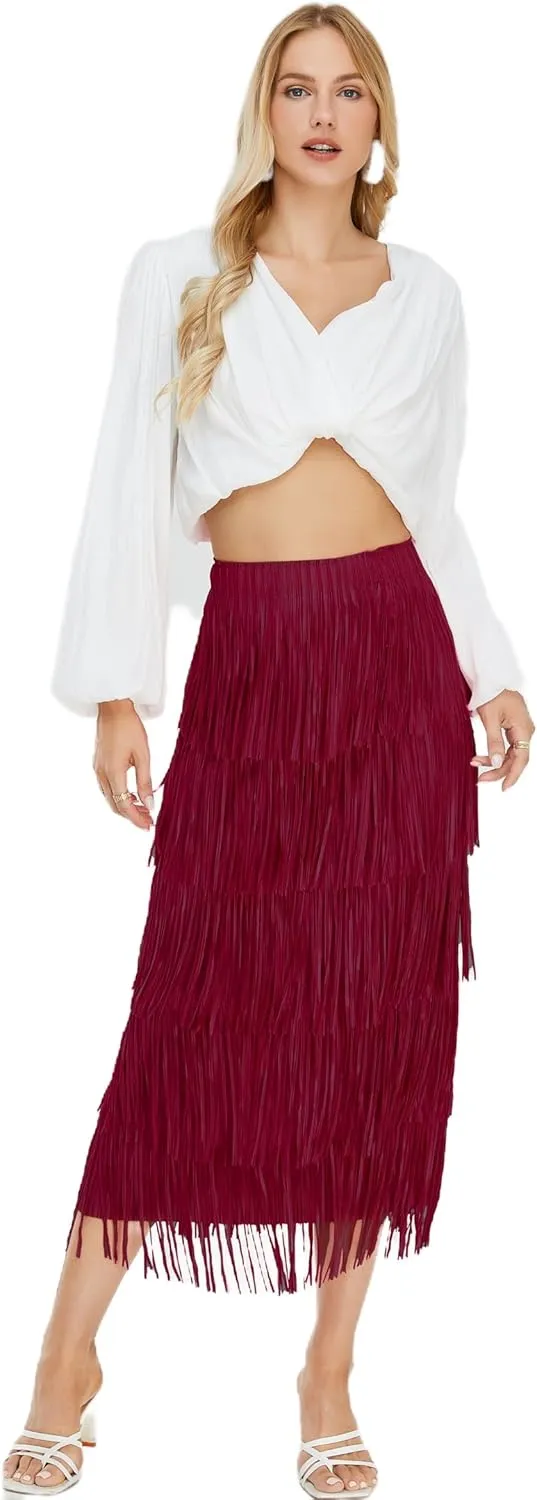 Women's Fringe Trim High Waist Short Pencil Bodycon Skirts, Sexy Elegant Fringe Long Maxi Skirt Summer Party Work