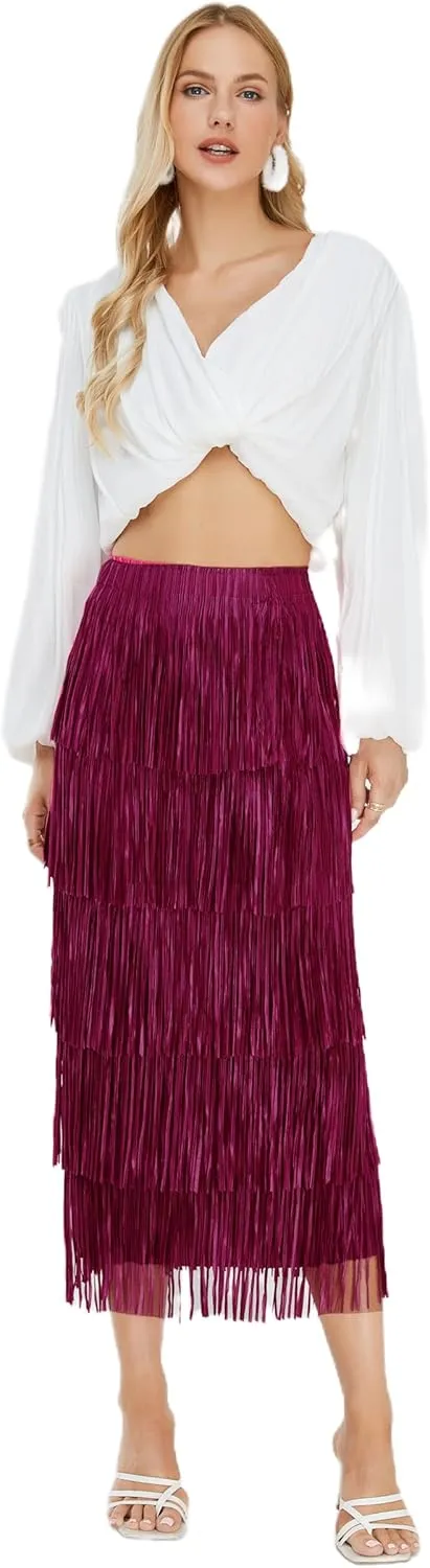 Women's Fringe Trim High Waist Short Pencil Bodycon Skirts, Sexy Elegant Fringe Long Maxi Skirt Summer Party Work