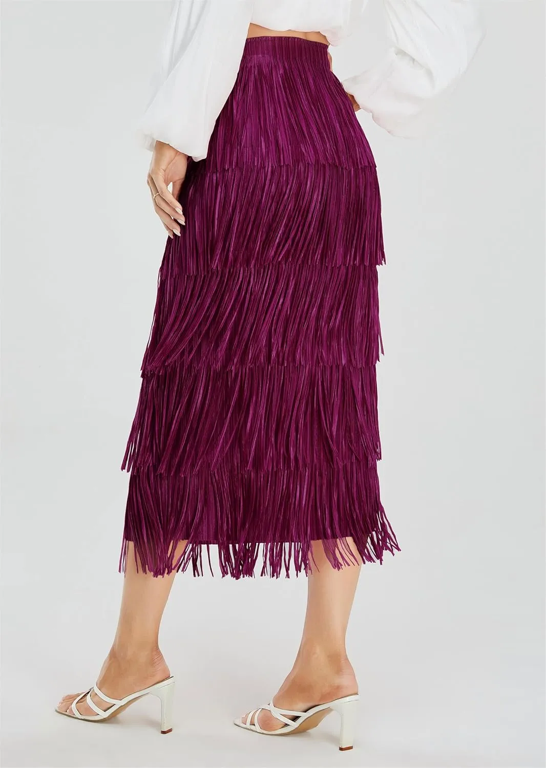 Women's Fringe Trim High Waist Short Pencil Bodycon Skirts, Sexy Elegant Fringe Long Maxi Skirt Summer Party Work