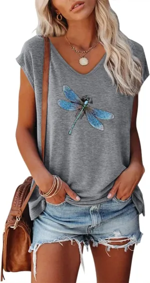 Women's Graphic Tees Casual Summer Funny Dragonfly Printed Short Sleeve Cute T Shirts Tops