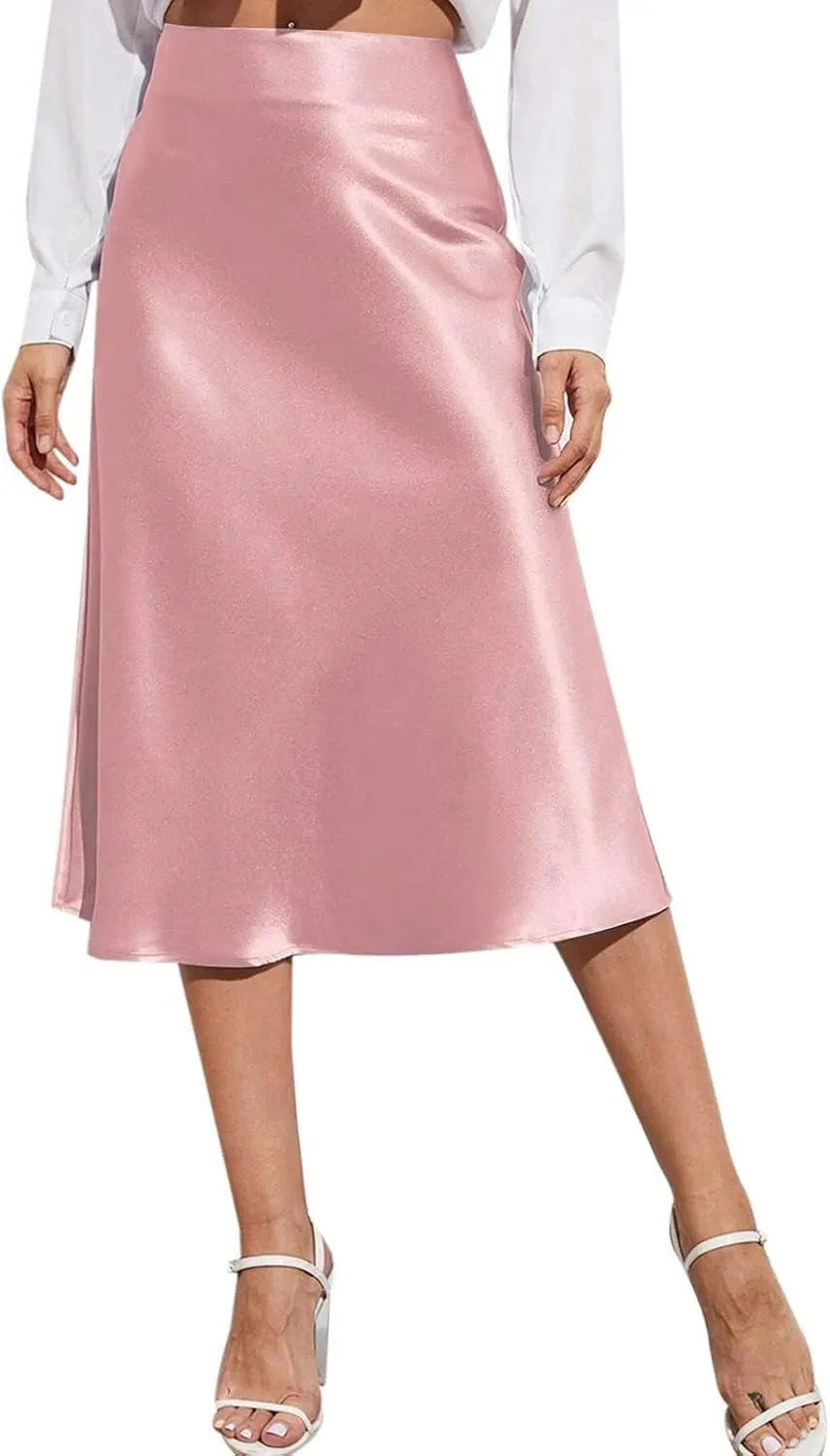 Womens High Waist Midi Skirt Casual Solid Versatile Satin Dress Fashion Elegant Knee Length Skirt Prom Party Skirts