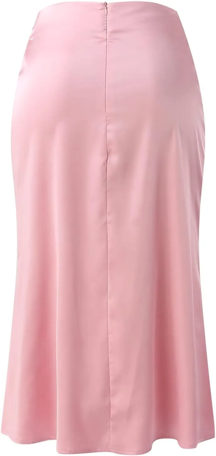 Womens High Waist Midi Skirt Casual Solid Versatile Satin Dress Fashion Elegant Knee Length Skirt Prom Party Skirts